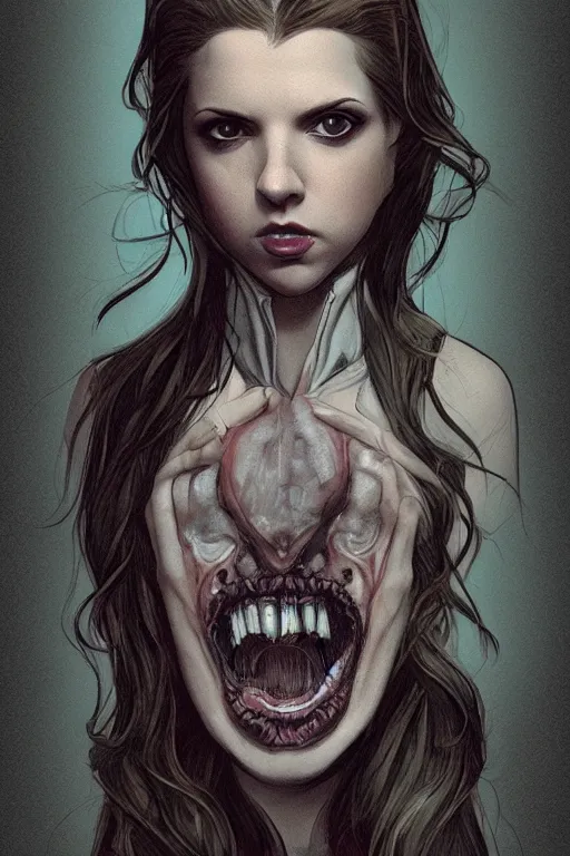 Image similar to anna kendrick in sleepy hollow, full body, big two toned eyes, teeth gritted, horror, intricate details, cinematic, epic, realistic, anatomy, tomer hanuka, uplight, artstation, photorealistic, scary