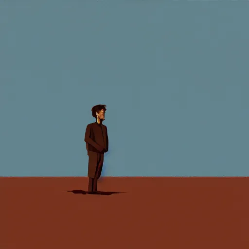 Prompt: a dystopian matte painting of a scared man standing in front of a fence with barbed wire by emiliano ponzi, james gilleard, george ault, david hockney, atey ghailan, albert namatjira, marius borgeaud, minimalist, bauhaus, retrofuturism, concept art, matte background, matte drawing, generative art