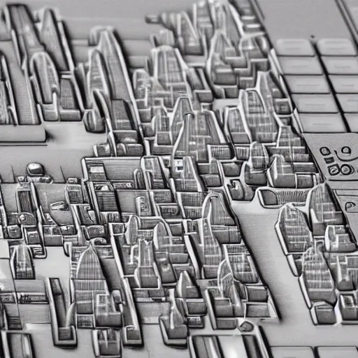 Image similar to a city built on the keyboard of a macbook, ultra detailed