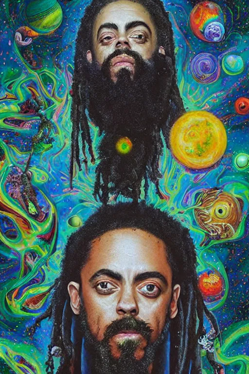 Image similar to a high hyper detailed painting with many complex textures of damian marley making music in the cosmos, cosmic surreal psychedelic magic realism spiritual ufo art