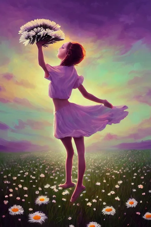 Image similar to giant white daisies flower as head, girl dancing in a flower field, surreal photography, sunrise, dramatic light, impressionist painting, colorful clouds, digital painting, artstation, simon stalenhag