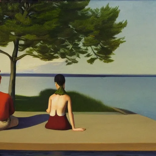 Prompt: A beautiful land art of a man and a woman are standing on a dock, looking out at a body of water. The woman has her hand on the man's shoulder, and they appear to be deep in conversation. The colors in the land art are muted, and the scene has a calming feeling. by Edward Hopper subtle