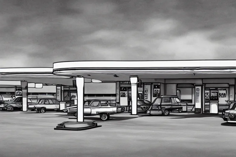 Image similar to a pencil and watercolor art of a beautiful luxurious gas station, retro and 1 9 8 0 s style, beautiful architecture, retro coloring, retro and 1 9 8 0 s style, retro and 1 9 8 0 s filter, black and white, no color