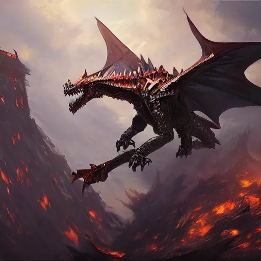 Image similar to oil painting of deathwing dragon flying down on earth by greg rutkowski