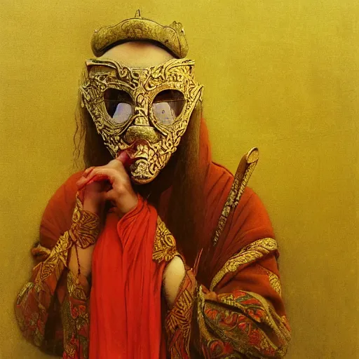 Image similar to portrait of masked Byzantine Tang Dynasty dancer on the art deco streets of the Undying Empire city of ya-Sattra during the Festival of Masks, award-winning realistic sci-fi concept art by Beksinski, Bruegel, Greg Rutkowski, Alphonse Mucha, and Yoshitaka Amano