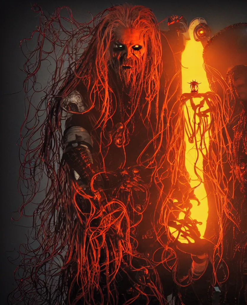 Image similar to Rob Zombie and Captain Spalding (The Devils Rejects) and Slipknot, epic angle and pose, symmetrical artwork, 3d with depth of field, blurred background, cybernetic jellyfish female face skull phoenix bird, translucent, nautilus, energy flows of water and fire. a highly detailed epic cinematic concept art CG render. made in Maya, Blender and Photoshop, octane render, excellent composition, cinematic dystopian brutalist atmosphere, dynamic dramatic cinematic lighting, aesthetic, very inspirational, arthouse. y Greg Rutkowski, Ilya Kuvshinov, WLOP, Stanley Artgerm Lau, Ruan Jia and Fenghua Zhong