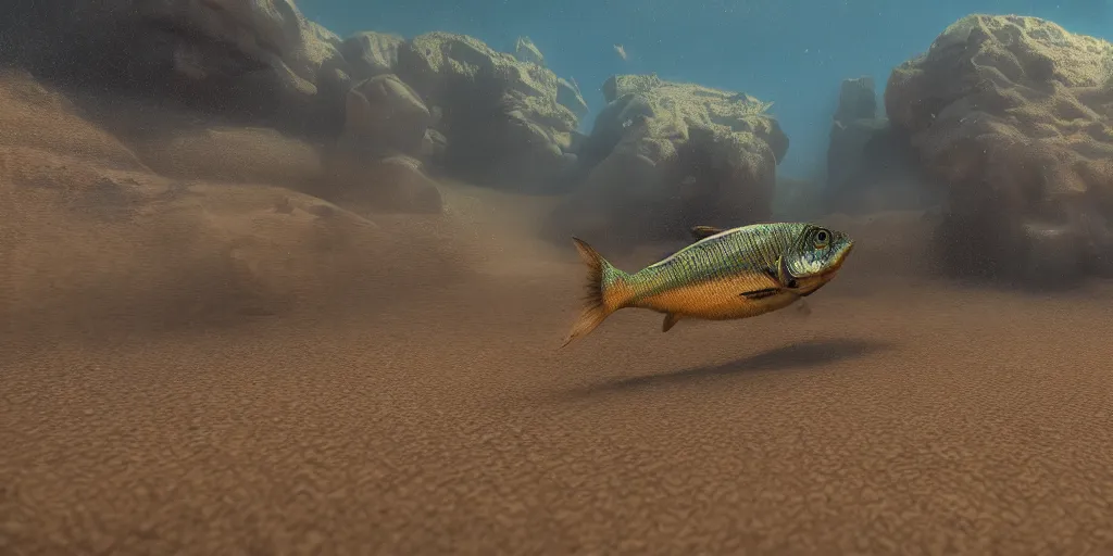 Prompt: fish running in the desert, highly detailed, 8 k, masterpiece, super resolution.