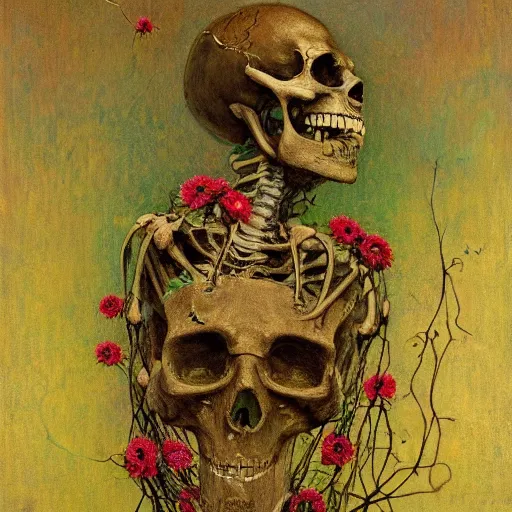 Image similar to 'Life from death' A beautiful detailed aesthetic horror portrait painting depicting 'A skeleton with vines and flowers growing all over it, birds and bees flying all around it' by Odilon Redon, Trending on cgsociety artstation, 8k, masterpiece, cinematic lighting.