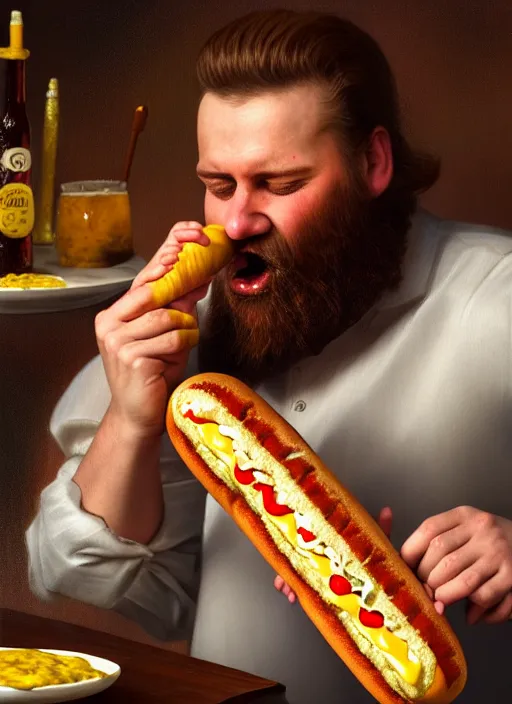 Prompt: large octoberfest invite card, bearded angry man eating delicious hot dogs, at a bar, mustard, ketchup, photoshoot, 4 k, hyper realistic, natural, highly detailed, digital illustration, trending in artstation, classical painting, smooth, sharp focus art by ilya repin