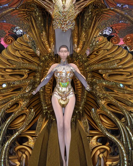 Image similar to a highly detailed metahuman 4 k close up render of an alien goddess bella hadid monument seraphim in iris van herpen dress schiaparelli in diamonds crystals swarovski and jewelry iridescent in style of alphonse mucha gustav klimt trending on artstation made in unreal engine 4