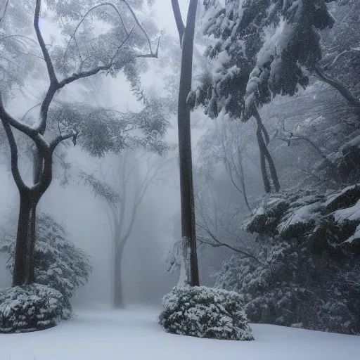 Prompt: snow covered rainforest, foggy, dense, HD,