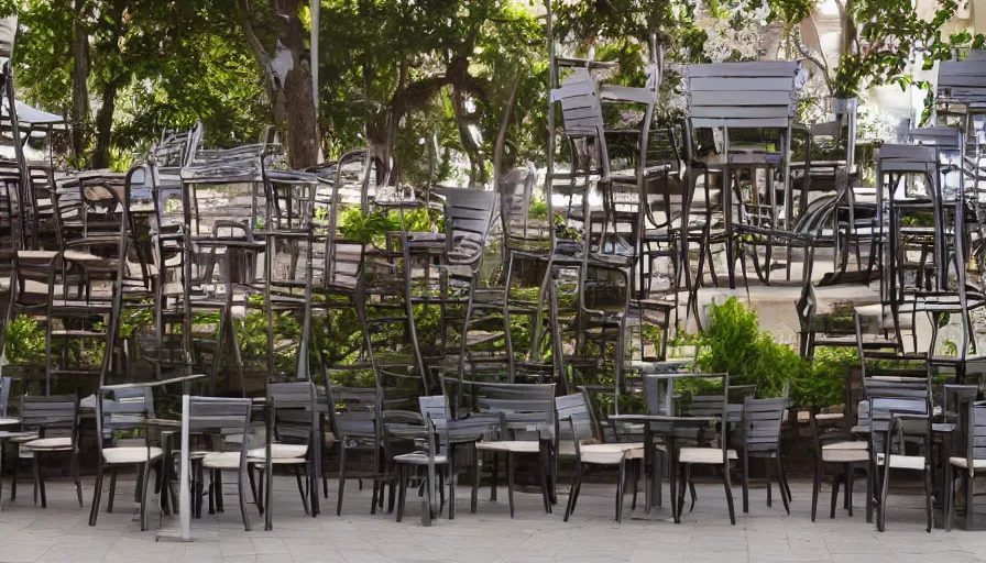 Image similar to a huge pile of chairs along outside the walls of the restaurant, hyperrealistic shaded