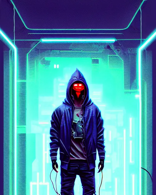 Image similar to cyberpunk synth, hyper - realistic portrait of a man in a hoodie with detailed neon mask, cyberpunk, intricate, digital painting, by atey ghailan, by greg rutkowski, by greg tocchini, by james gilleard, by joe fenton, by kaethe butcher, dynamic lighting, gradient light blue, lighting color scheme, sharp focus, grunge aesthetic