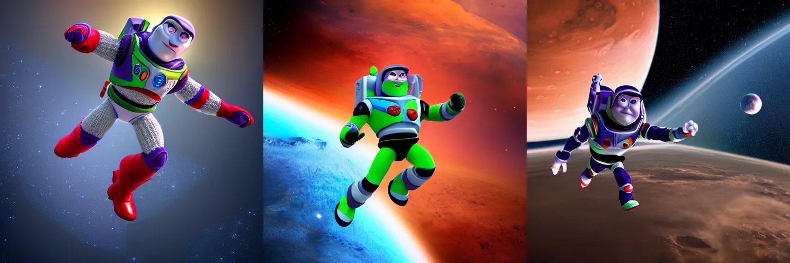 Prompt: a photorealistic photograph of a knitted Buzz Lightyear themed Captain America flying through outer space, Mars in distance - Trending on Artstation, featured on Behance, well-rendered, Unreal Engine, 4K HD