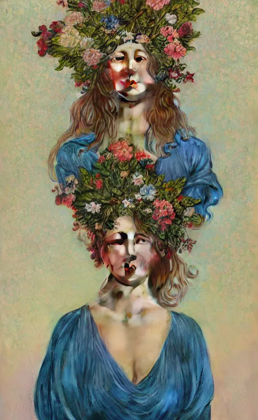 Image similar to a oil painting hyperrealism of a beautiful woman on a white background, flowers, painted by mucha, floral headdress, 8 k resolution, octane render, trending on artstation, volumetric light 2 blue fractal thunder glow by dan mumford, anaglyph effect, laurie lipton