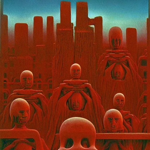 Image similar to poloroid of a highly detailed dystopian surreal painting of eerie grinning head statues and buildings by zdzisław beksinski