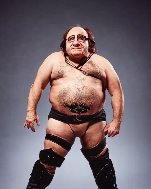 Image similar to portrait of danny devito as a wwe professional wrestler. photographic, photography