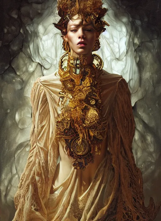 Prompt: highly detailed oil painting | very intricate | cinematic lighting | award - winning | shamanic technician fashion by alexander mcqueen | by roberto ferri, by tom bagshaw, by j. c. leyendecker and klimt, american romanticism, by austin osman spare, artstation, cgsociety, official art, octane