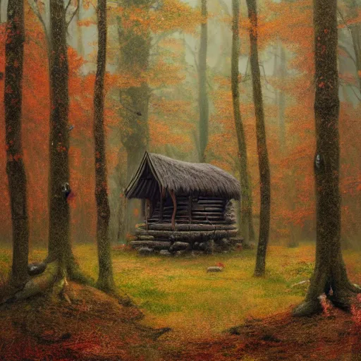 Image similar to shamans hut in an autumn forest, green and brown tones, by Aron Wiesenfeld and beksincki, cinematic, detailed illustration, nature, fog, dark colors, suspense, intricate, 8k