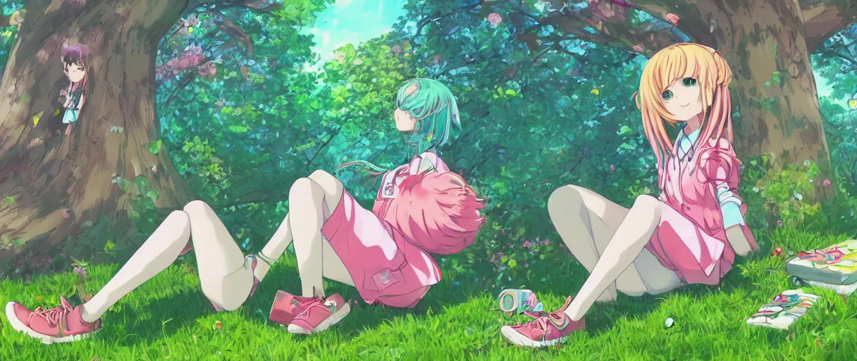 Prompt: Colorful vibrant line art anime render bubblegum color theme anime schoolgirl wearing Seifuku sitting in the grass laying against a tree in a beautiful forest next to a cute vibrant detailed mushroom, anime still, detailed face, Ilya Kuvshinov, Takashi Takeuchi, artstation concept art, cgsociety, 4k hd wallpaper, beautiful colors,