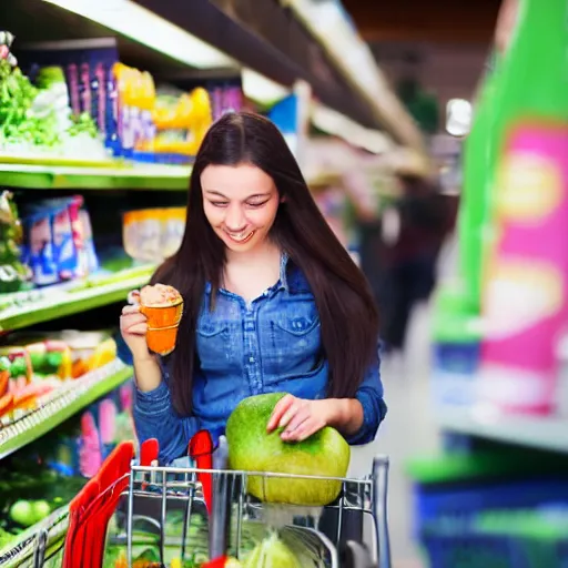 Image similar to teenage female goblin buying in grocery store, oil paint