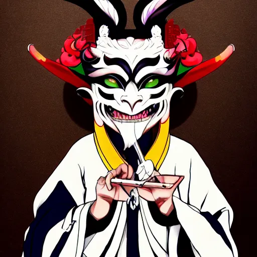 Prompt: portrait of a plagiat musician in a hannya mask, anime fantasy illustration by tomoyuki yamasaki, kyoto studio, madhouse, ufotable, trending on artstation