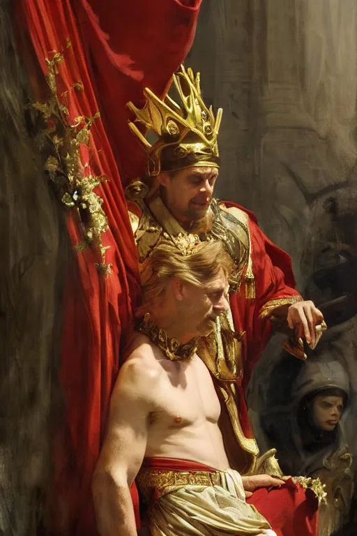 Image similar to beautiful portrait oil painting, steve buscemi wearing a golden wreath crown in royal crimson robes enthroned as the god emperor of ancient rome, mid - shot, by anders zorn, wonderful masterpiece by greg rutkowski, beautiful cinematic light, american romanticism, by thomas lawrence, greg rutkowski