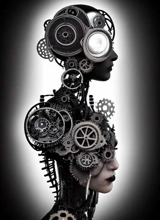 Image similar to black and white dreamy foggy profile face portrait, one steampunk eye biomechanical beautiful young female cyborg - robot, body ribs meshes, big monocular, volumetric light, hibiscus flowers, by hg giger, rim light, by dora maar and cecile beaton, big gothic fashion pearl embroidered collar, 8 k