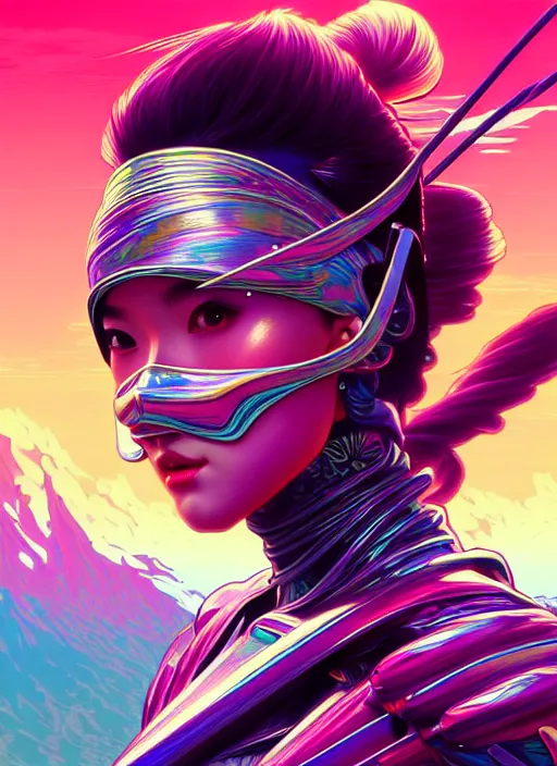 Prompt: hyper detailed ultra sharp of a beautiful ninja girl. trending on artstation, vaporwave aesthetic, synthwave, colorful, psychedelic, ornate, intricate, digital painting, concept art, smooth, sharp focus, illustration, art by artgerm and greg rutkowski and alphonse mucha, 8 k