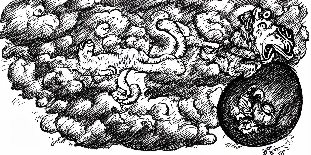 Prompt: a drawing of a man holding an egg among the clouds with a tiger growing out of its head in the style of Robert Crumb