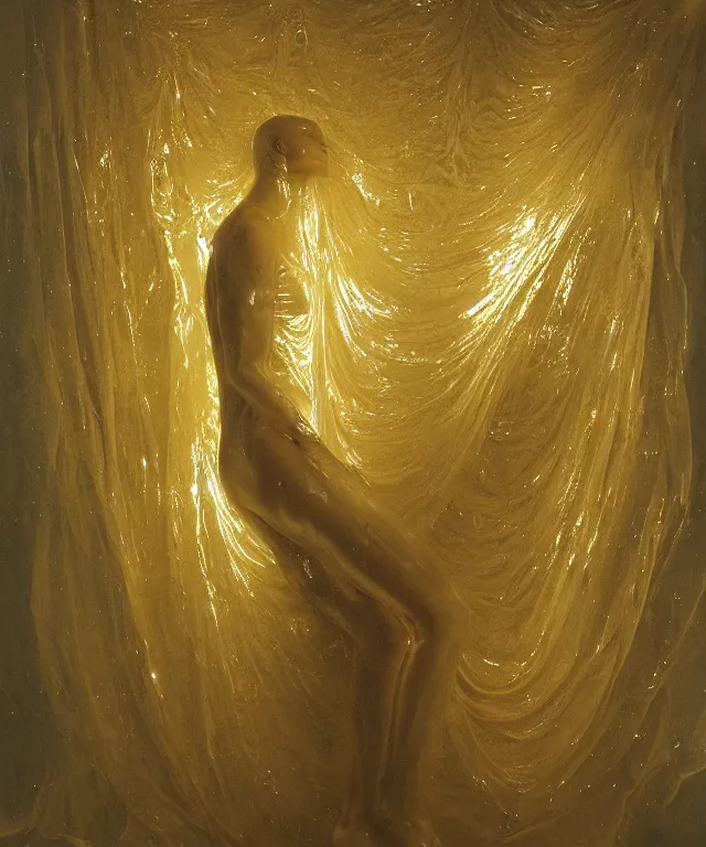 Image similar to Beautiful full-body wax sculpture of glowing transparent woman in glowing cloth with visible gold bones covered with melted white wax inside the singularity where stars becoming baroque folds of dark matter by Michelangelo da Caravaggio, Nicola Samori, William Blake, Alex Grey and Beksinski, dramatic volumetric lighting, highly detailed oil painting, 8k, masterpiece