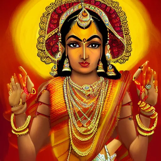 Prompt: a indian women god with eight hand gold color, concept art, art station, digital yellow red sun