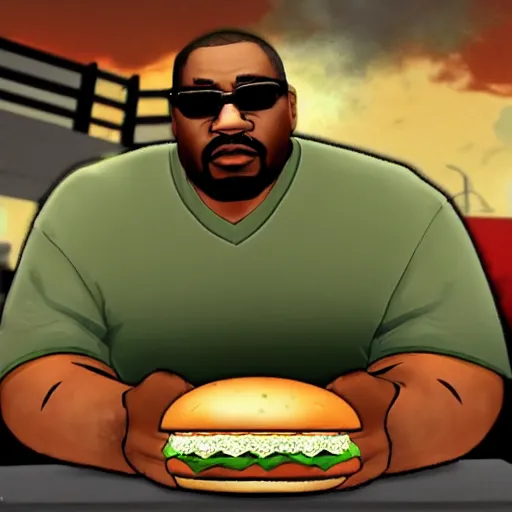 Prompt: Big Smoke from GTA san andreas at a burger king