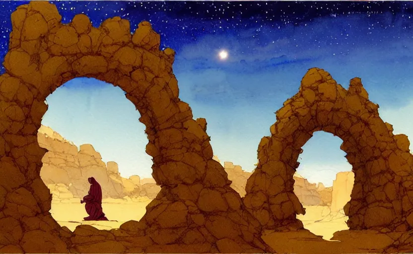 Image similar to a hyperrealist watercolour concept art of a desert night. through a large rock arch is a time portal to a clear blue sky. a medieval monk in grey robes is kneeling in prayer below it on a desert road at night. by rebecca guay, michael kaluta, charles vess and jean moebius giraud. high detail, hq, wide shot