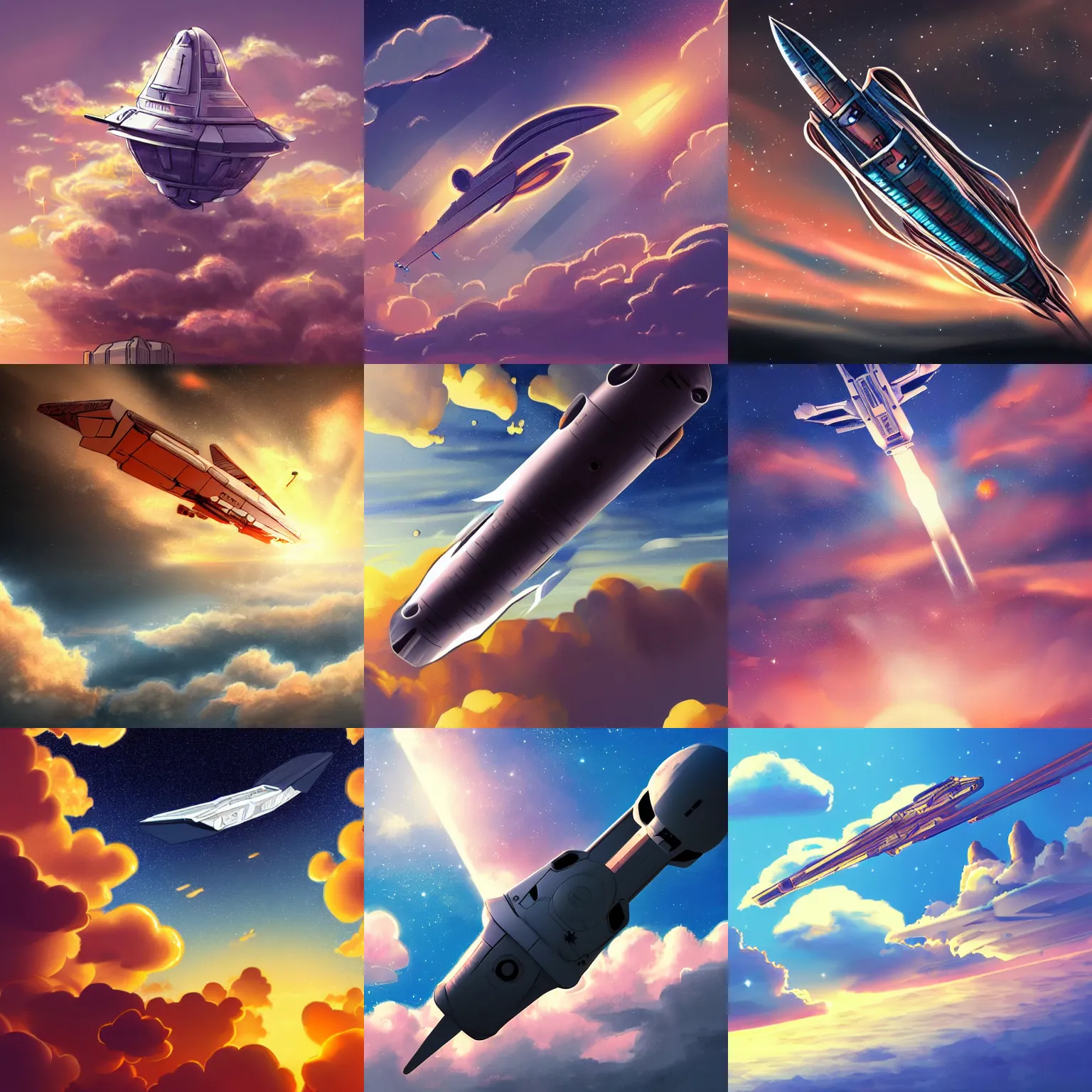 Prompt: an intricate spaceship launching into the sky, sunset, fluffy clouds, beautiful digital art, pixiv