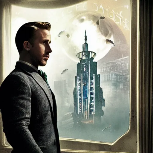 Prompt: a highly detailed cinematic photo from a live - action bioshock movie. andrew ryan, portrayed by ryan gosling, is shown standing in a 1 9 3 0's office with a large desk in front of a floor - to - ceiling window looking out onto the underwater city of rapture shining in the distance, sea life is shown outside of the window
