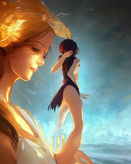 Image similar to goddess creating a tsunami, ambient lighting, detailed face, full body shading, by makoto shinkai, stanley artgerm lau, wlop, rossdraws