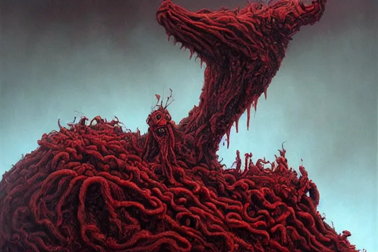 Image similar to Haunting horrifying hyperrealistic detailed painting of a strange bizarre creature sitting atop a mountain of snakes in a foggy hellscape with spread out pools of crimson red gelatinous liquid and goop, eyeballs bulging, sparks of fire flying, dystopian feel, heavy metal, disgusting, creepy, unsettling, in the style of Michael Whelan and Zdzisław Beksiński, lovecraftian, hyper detailed, trending on Artstation