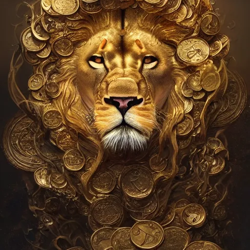 Image similar to a beautiful detailed 3d matte portrait of a alchemist lion, by ellen jewett, by tomasz alen kopera, by Justin Gerard, ominous, magical realism, texture, intricate, skull, skeleton, gold coins, money, whirling smoke, alchemist bottles, radiant colors, fantasy, volumetric lighting, high details