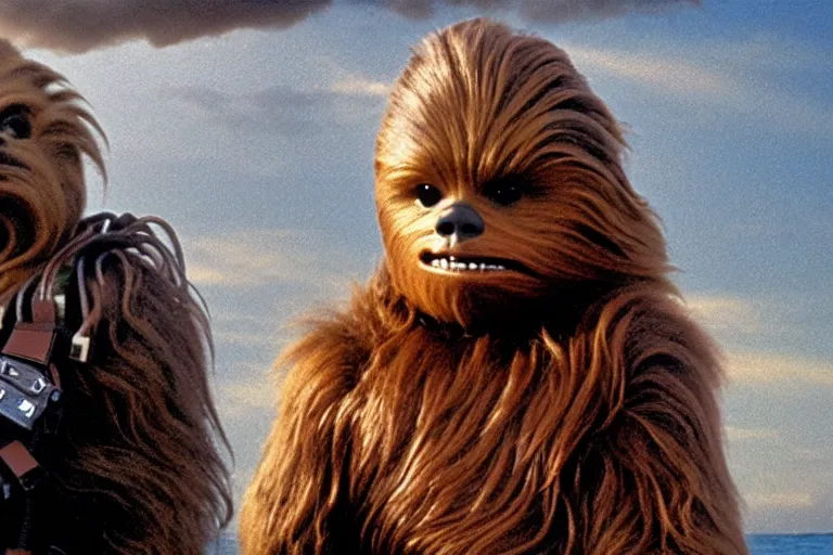 Image similar to A high quality movie still from the film Goonies, starring Chewbacca