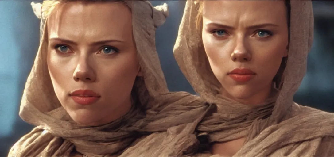 Image similar to a still of Scarlett Johansson as obiwan kenobi on tatooin in Star Wars (1977)