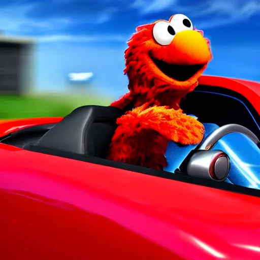 Prompt: Elmo driving a sports car, cinematic, cinematic lighting, HD, movie experience