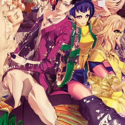 Image similar to Magazine Cover Anime key visual of a Gucci girl; official media; typography; drawn by Hirohiko Araki; Jojo's Bizarre Adventure; Jojolion, portrait, made by Stanley Artgerm Lau, WLOP, Rossdraws, James Jean, Andrei Riabovitchev, Marc Simonetti, Yoshitaka Amano, ArtStation