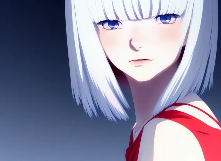 Image similar to anime visual, portrait of a white haired red eyed young girl in dark room, by ilya kuvshinov, yoshinari yoh, makoto shinkai, katsura masakazu, dynamic perspective pose, detailed facial features, kyoani, rounded eyes, crisp and sharp, cel shad, anime poster, ambient light