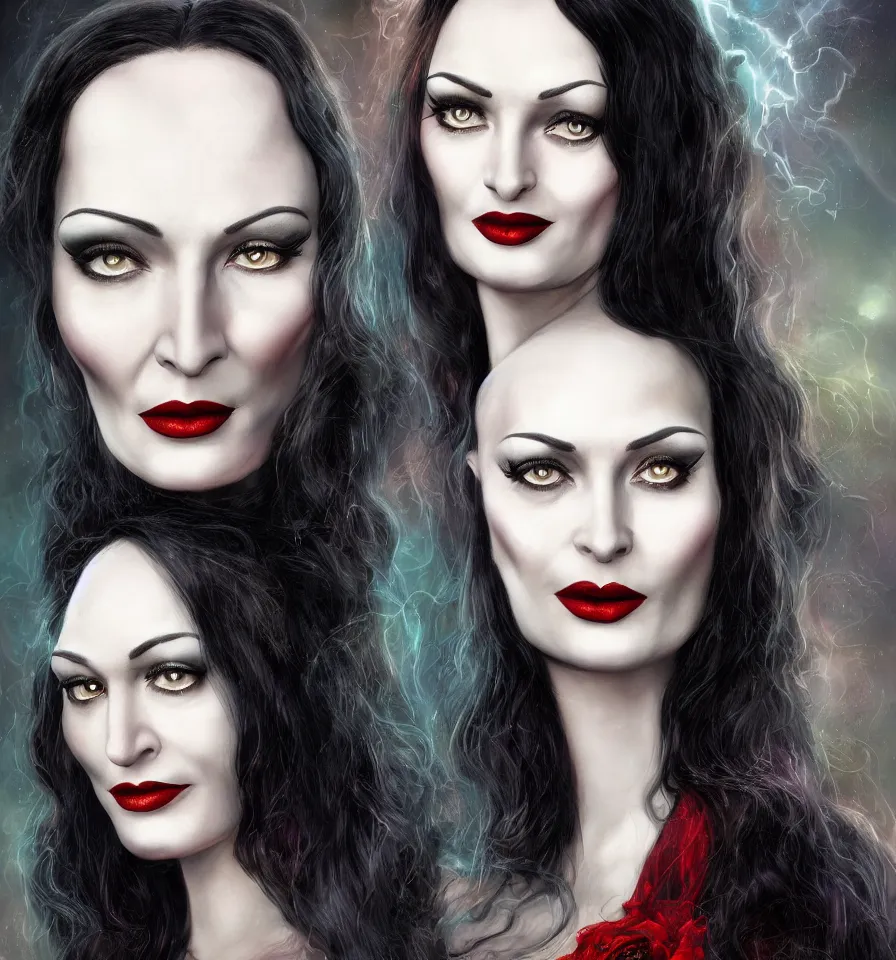 Prompt: a frontal face portrait of Morticia Addams + 25mm f/1.7 ASPH Lens + backlit + incredible lighting+ strong rim light + highly detailed + god rays + digital painting + HDRI, by Alvaro Castagnet, Peter Mohrbacher and Dan Mumford, vivid colors, high contrast, 8k resolution, intricate, photorealistic, smooth