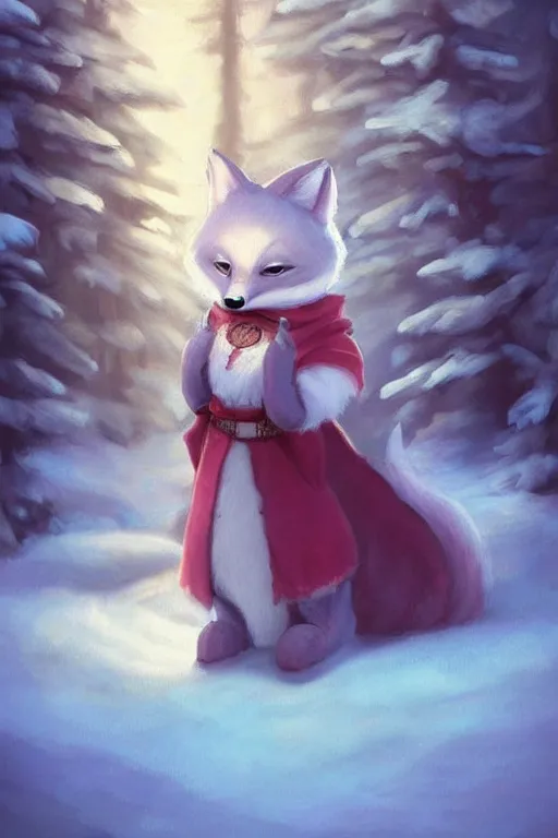 Image similar to a pretty medieval anthropomorphic snow fox with a fluffy tail in the forest, comic art, trending on furaffinity, cartoon, kawaii, backlighting, furry art!!!, radiant light, bokeh, trending on artstation, digital art