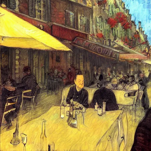 Image similar to klingon sitting at outdoor table at vintage paris cafe, digital painting, soft focus, greg rutkowski, toulouse - lautrec, john howe.