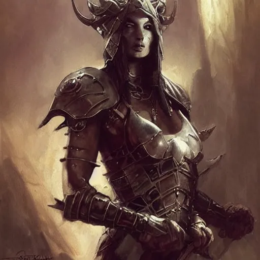 Image similar to A full portrait of a beautiful armored berserker woman, with an oversize Gothic sword, by Frank Frazetta, Greg Rutkowski, Boris Vallejo, epic fantasy art, Exquisite detail, post-processing, masterpiece, cinematic