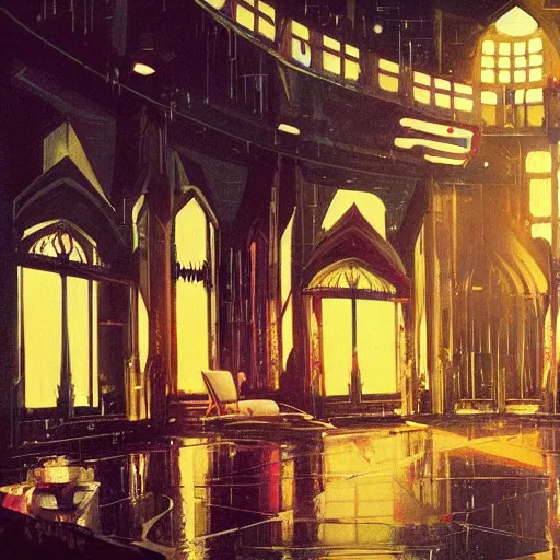 Image similar to detailed painting of bladerunner interior room with celestial ornaments and gothic architecture, artstation, syd mead, cinematic