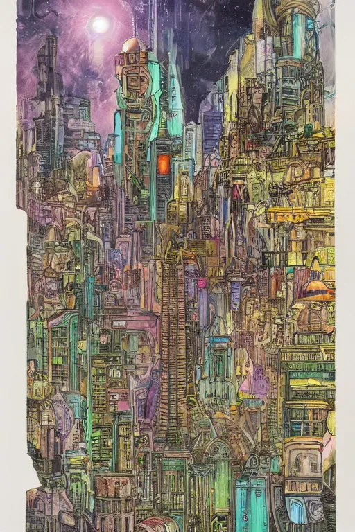 Prompt: A full-color airbrushed, ultra-detailed, hyperrealistic, photorealistic, mixed media, fineliner illustration of futuristic city at night with polluter air and art nouveau architecture, by P. Craig Russell , Moebius and Bill Sienkiewicz, trending on netfkix, trending on artstation